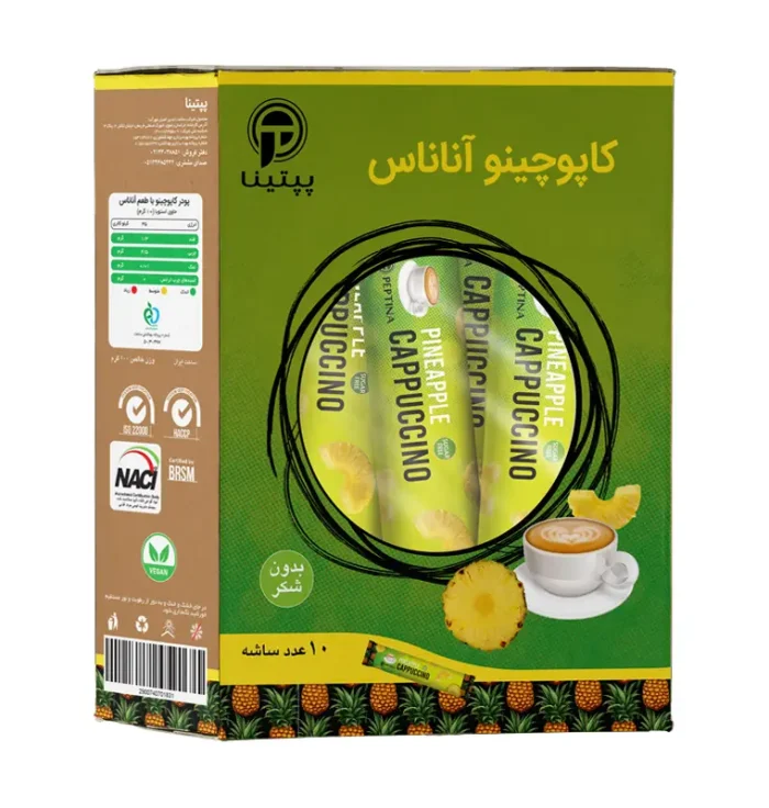 کاپوچینو آناناس پپتینا بسته 10 عددی، نوشیدنی رژیمی خوش‌طعم و بدون شکر با شیرین‌کننده طبیعی استویا."