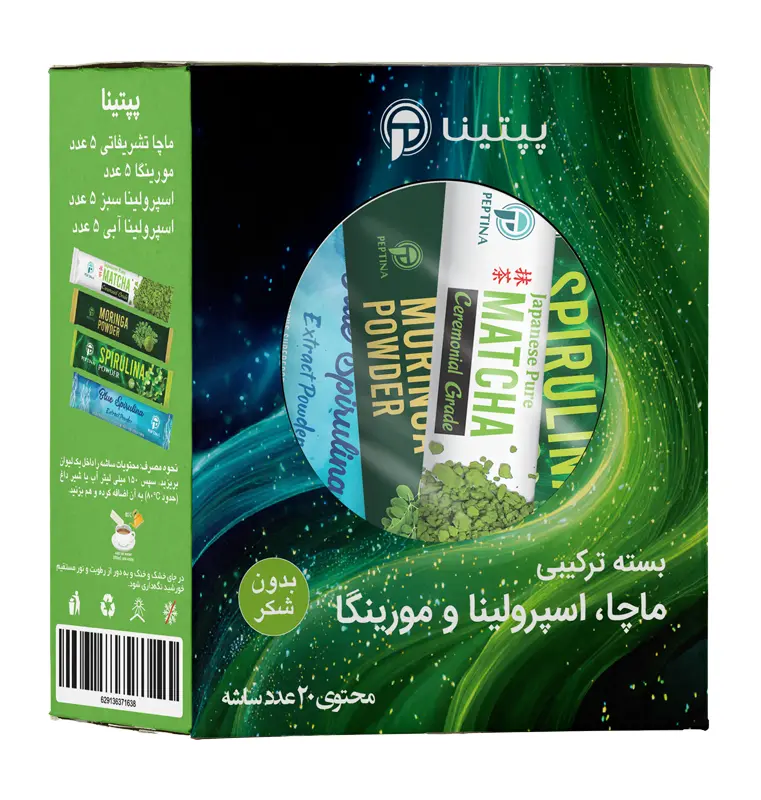 Peptina_Matcha_Spirulina_Moringa_Variety_Pack_20x_Box_Mockup-761x800-1-1 بسته ترکیبی ماچا اسپیرولینا و مورینگا - جعبه 15 عددی - Image 1